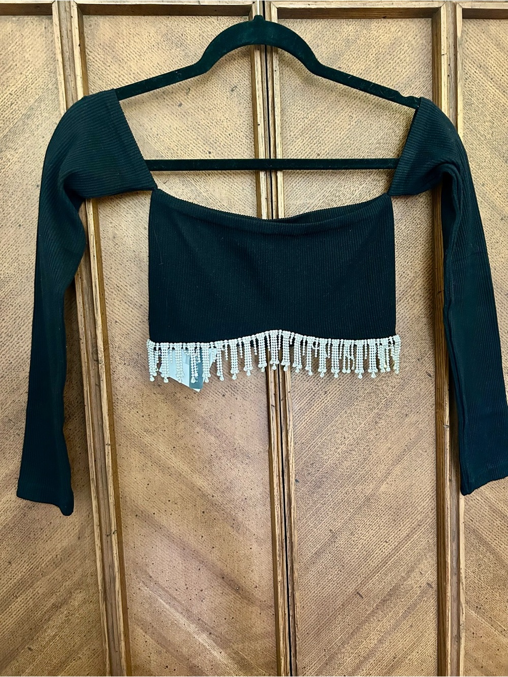 Zara Black Ribbed Long-Sleeve Cropped Top with Beaded Fringe